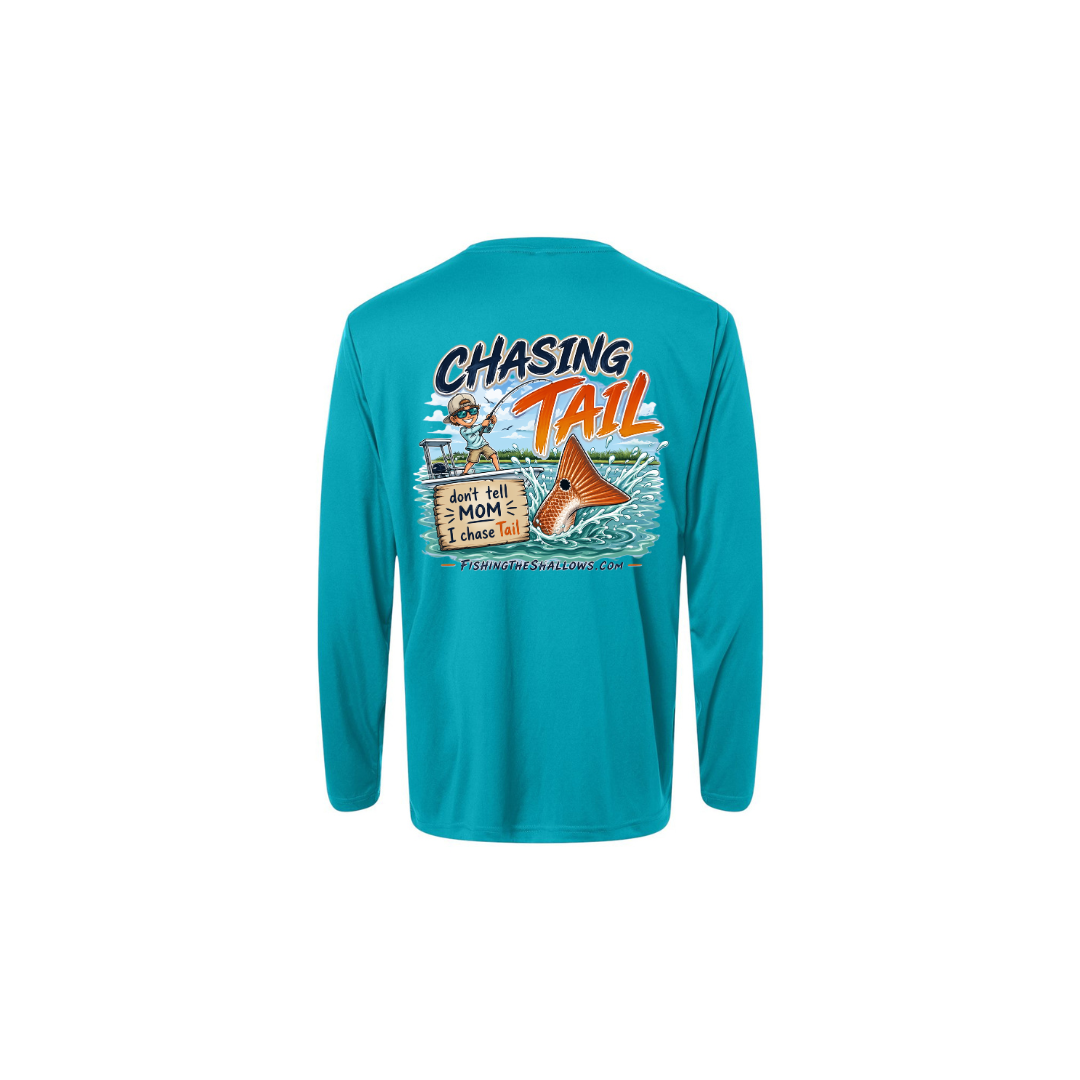 Youth Chasing Tail – Youth Long Sleeve in Clear Teal - back view