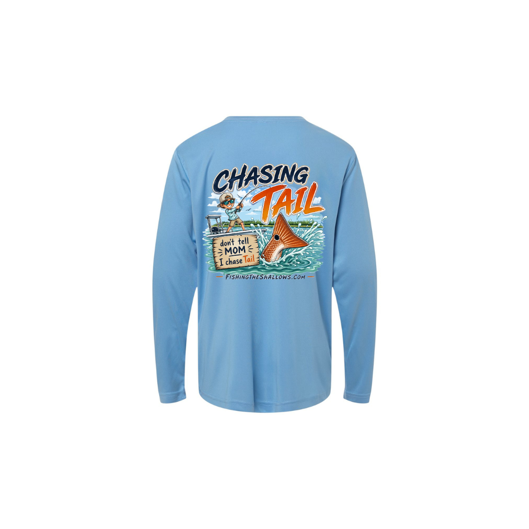 Youth Chasing Tail – Youth Long Sleeve in Columbia Blue - back view