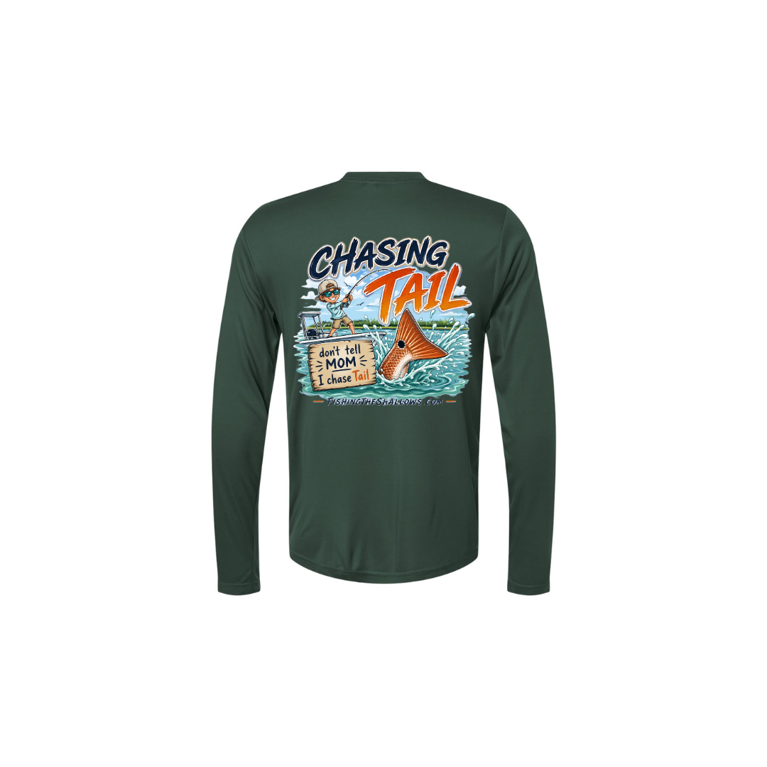 Youth Chasing Tail – Youth Long Sleeve in Forest - back view