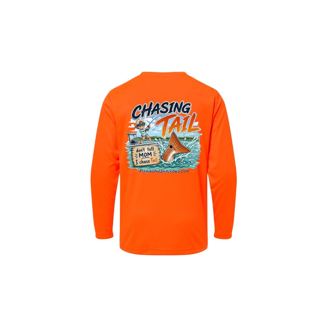 Youth Chasing Tail – Youth Long Sleeve in Safety Orange - back view