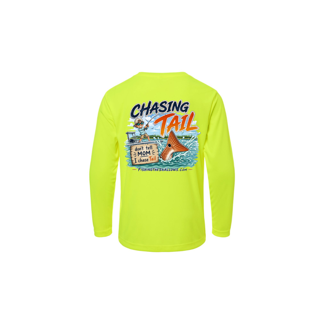 Youth Chasing Tail – Youth Long Sleeve in Safety Yellow - back view