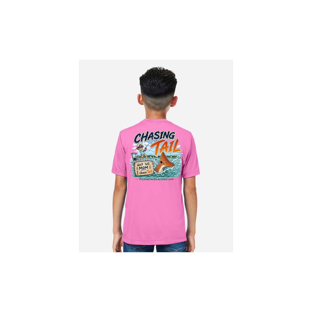 Youth Chasing Tail – Youth Short Sleeve in Charity Pink - back view
