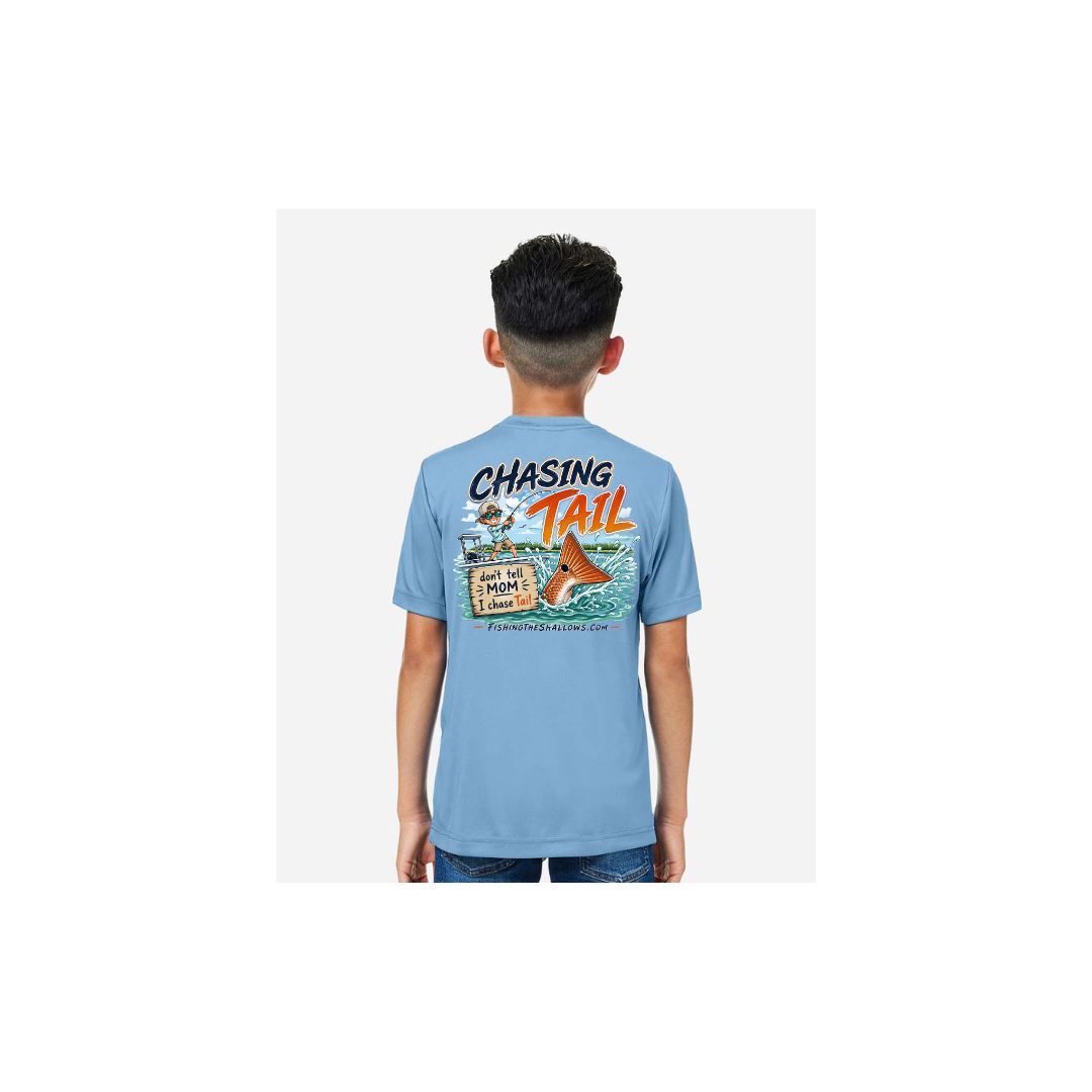 Youth Chasing Tail – Youth Short Sleeve in Columbia Blue - back view