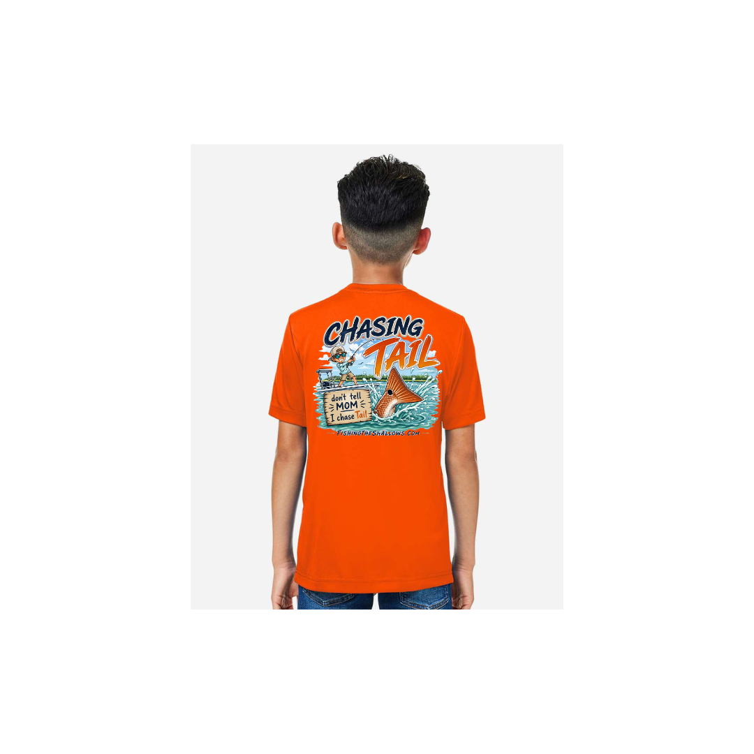Youth Chasing Tail – Youth Short Sleeve in Safety Orange - back view