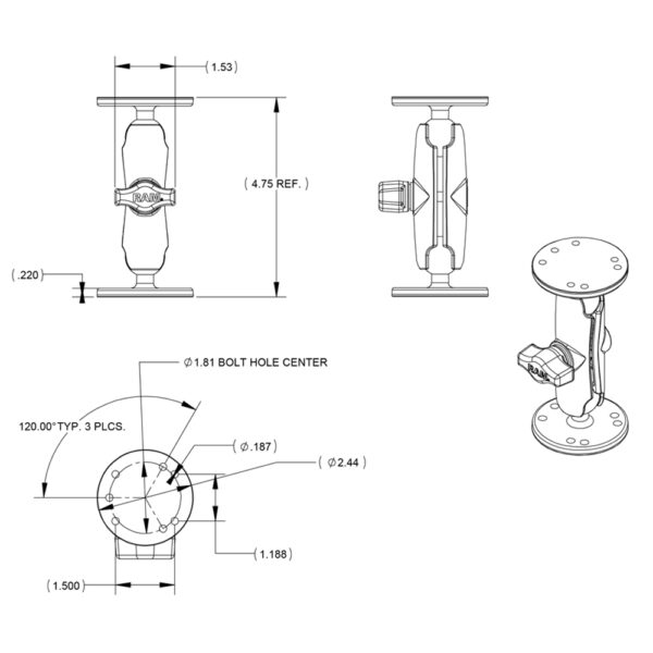 RAM Mount 1" Ball Double Socket Arm w-2 2.5" Round Bases - AMPS Hole Pattern - Image 2