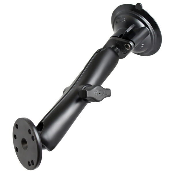 RAM Mount Twist Lock Suction Cup Mount w-Long Double Socket Arm & 2.5" Round Base - AMPS Hole Pattern (9" Length)